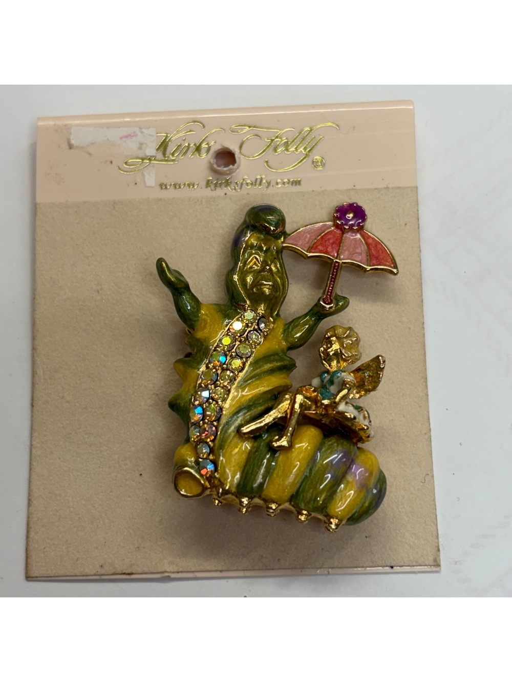 Kirks Folly Alice in Wonderland caterpillar with Alice enamel rhinestone brooch